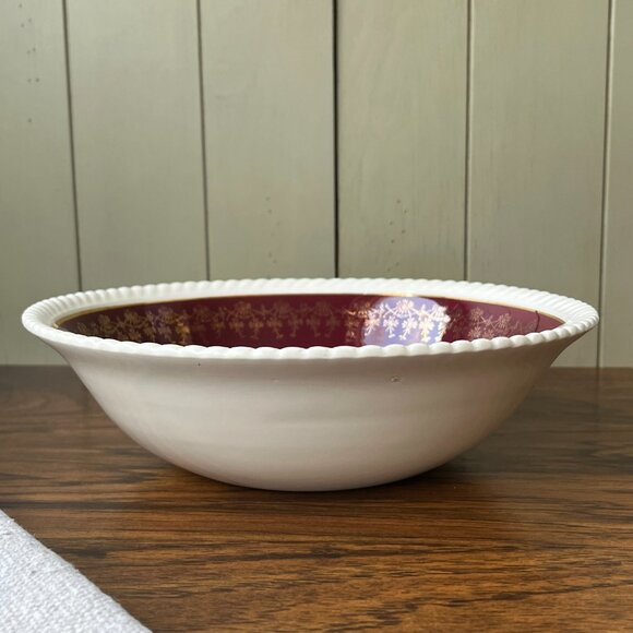 Sovereign Potters Canada Serving Bowl 22K Gold Burgundy Rim Rose - Picture 2 of 11